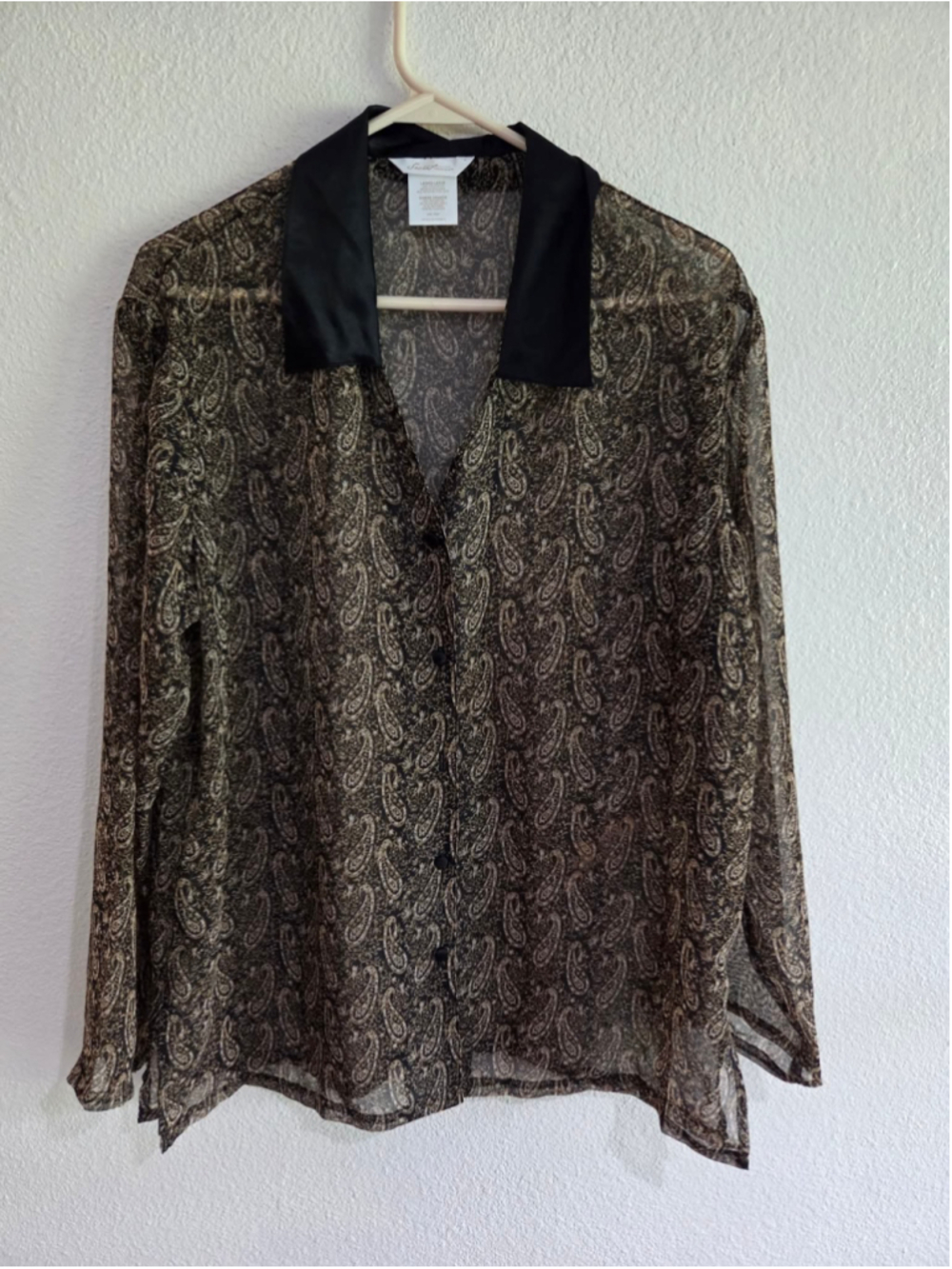 Secret Treasures Women’s Large Sheer Paisley Blouse Black Brown Button Front